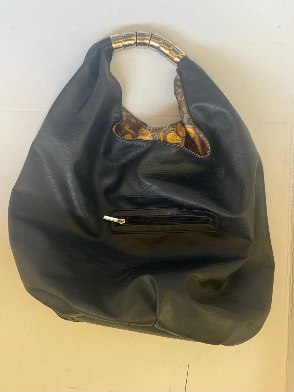 Black Leather Hobo Bag with Patterned Trim